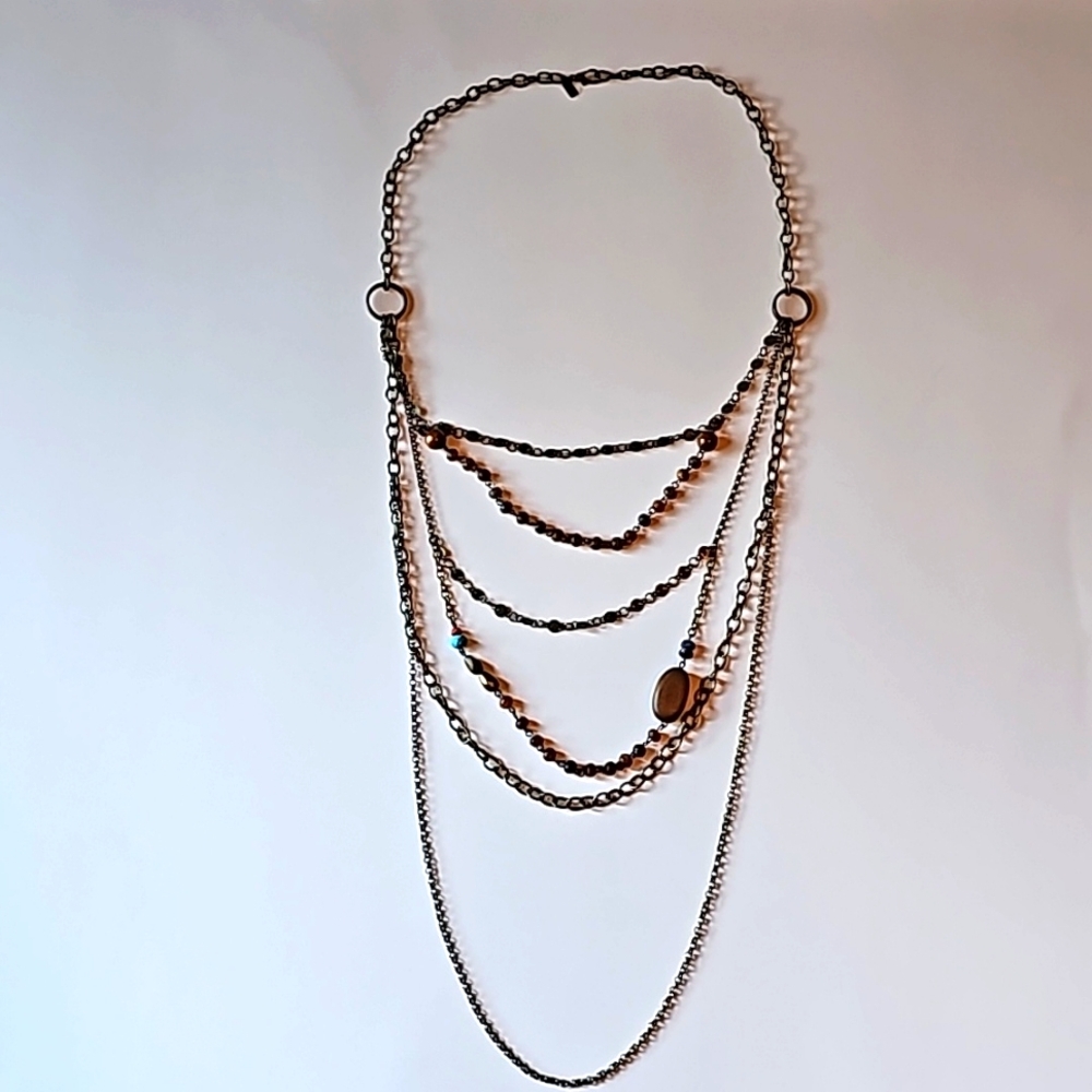 Brown and Blue Layered Necklace 50 Inches
